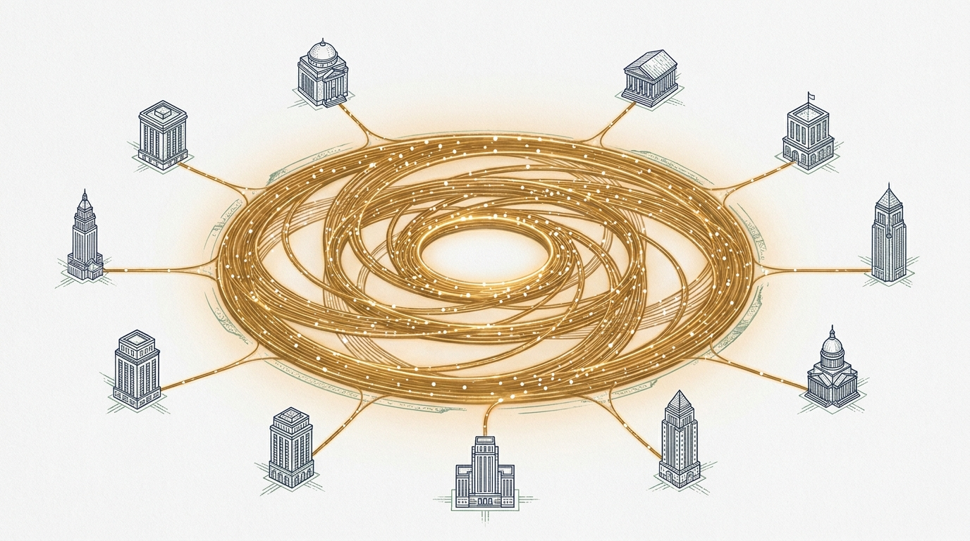 Glowing settlement hub with eleven ink towers plugged in at the perimeter, machine-economy light over institutional ink.