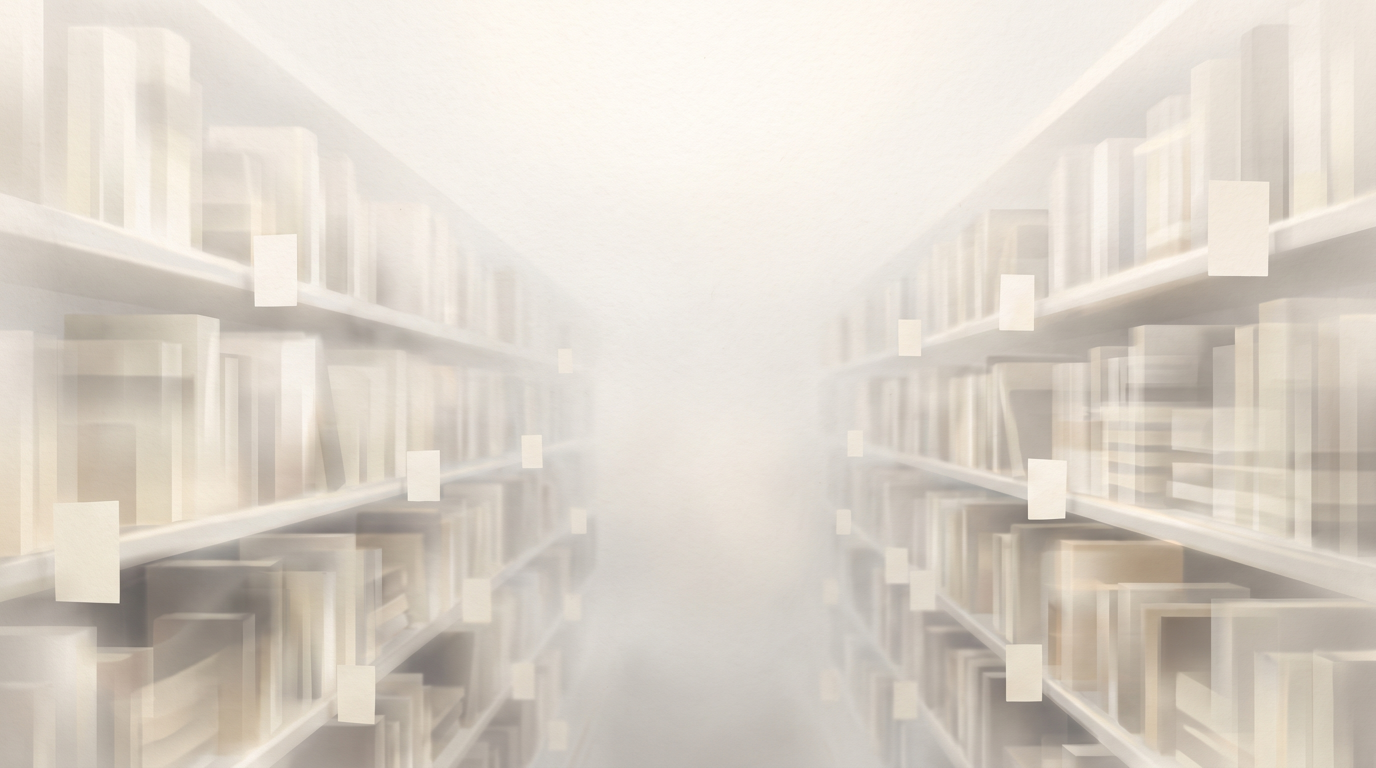 Endless aisles of a vast catalog receding into pale mist, most shelves unlabelled: the agent-commerce market seen only in part.